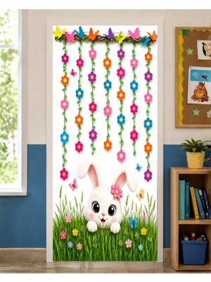 Promisebackdrop2 190X75CM Lastikli Kapı Süsü, Kumaş Kapı Giydirme, Sevimli Tavşan Temalı, Sınıf Kapısı, Okul Etkinlik Kapı Süsü