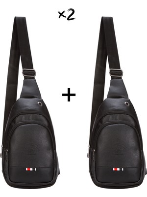 Sannora Bags Siyah Deri Unisex Çapraz Askılı Çanta Göğüs Çanta Kulaklık Çıkışlı Omuz Çanta Günlük Tek Kol