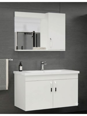 Endüstriyel Ümit Yapı Market 80 cm Parlak Beyaz Asma Banyo Dolabı Takımı Seramik Lavabolu ve Aynalı