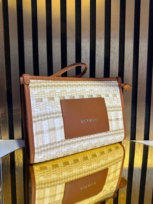 Pazarvia Shop Hasır Deri Taba Renk Clutch