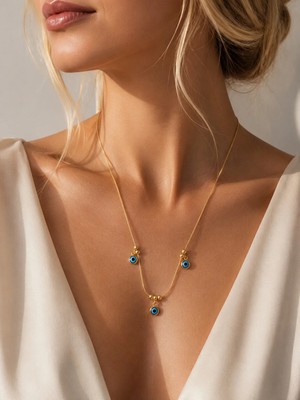 Hector Co Jewellery Blue Aura Premium Nazar Boncuklu Minimal Tasarım 316L Çelik Altın Renk Kolye