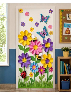 Promisebackdrop2 190X75CM Lastikli Kapı Süsü, Kumaş Kapı Giydirme, Uğur Böceği ve Çiçek Temalı, Sınıf Kapısı, Okul Etkinlik Kapı Süsü