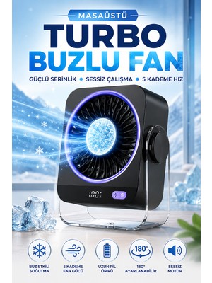 Merwish Masaüstü Turbo Buzlu Fan 5 Kademeli Hız Ayarlı Metal Soğutma Bloklu 4000 Mah Şarjlı Sessiz Mini Vantilatör 180° Ayarlanabilir USB Type-C
