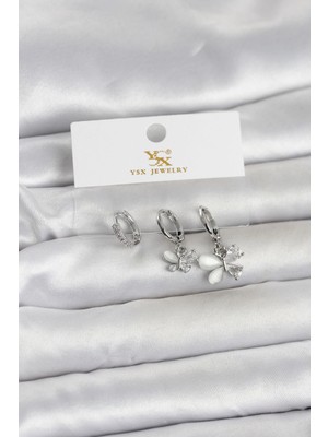 Uzman Toptan Mey Ithalat® Pirinç Gümüş Renk Kelebek Model 3'lü Kadın Küpe