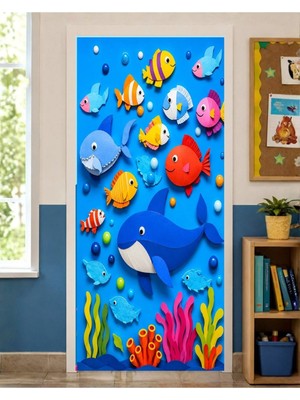 Promisebackdrop2 190X75CM Lastikli Kapı Süsü, Kumaş Kapı Giydirme, Sevimli Balıklar Temalı, Sınıf Kapısı, Okul Etkinlik Kapı Süsü