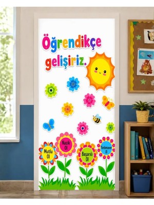 Promisebackdrop2 190X75CM Lastikli Kapı Süsü, Kumaş Kapı Giydirme, Öğrendikçe Gelişiriz, Sınıf Kapısı, Okul Etkinlik Kapı Süsü
