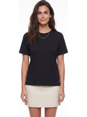 Onloox Siyah Organik Pamuklu Bisiklet Yaka Kısa Kollu Regular Kalıp Basic Örme Üst T-Shirt
