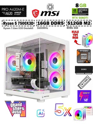 Zeiron Mohawk White X3D Pro AMD Ryzen 5 7500X3D 4.0Ghz-MSI A620M-B/GeForce RTX 5060TI 8GB X2 ICE/512GB M.2/16GB DDR5 Beyaz-Oem Oyuncu Paket