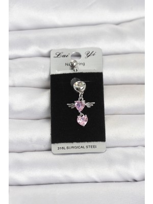 Uzman Toptan Mey Ithalat® 316L Cerrahi Çelik Pembe Zirkon Taşlı Kanat Model Göbek Piercing