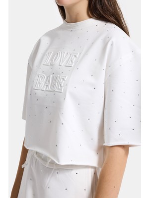 It's Basic Kadın Beyaz T-S6-101 Crop Parlak Taşlı Özel Tasarım Örme T-Shirt