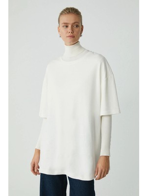 TeknoKapsül Ethıquet Modest Vıvıan Kadın %100 Organik Pamuklu Oversize Fit Bisiklet Yaka Krem Büyük Beden T-Shirt
