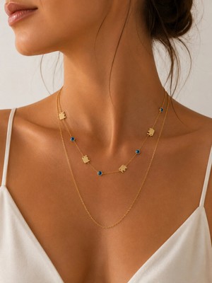 Hector Co Jewellery Lucky Elephant Duo Premium Fil Figürlü Nazar Boncuklu Çift Zincir 316L Çelik Altın Renk Kolye