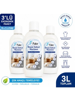 Fakir Beyaz Sabun Mucizesi Çok Amaçlı Temizleyici 1 Litre x 3 – Halı, Koltuk, Perde, Sert Zemin ve Hassas