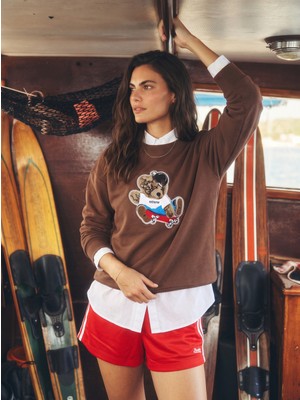 Onloox Kahverengi Pamuklu Bisiklet Yaka Salaş Kesim Teddy Nakış Işlemeli Sweatshirt