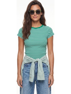 Onloox Yeşil Beyaz Pamuklu Likralı Fitilli Kaşkorse Bisiklet Yaka Kısa Kollu Çizgili Basic T-Shirt