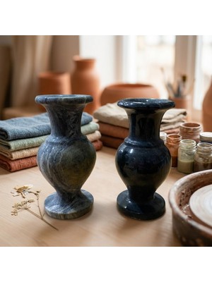 Eski Yeni Antik Doğal Mermer Mini Vazo Seti 2'li – El Işçiliği Dekoratif Minyatür Çiçek Vazosu 10 cm
