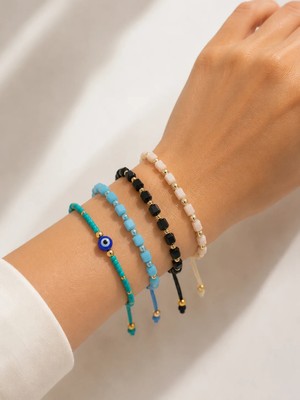 Beatis Kadın Afgan Boncuğu Nazarlı ve Küp Boncuklu 4 Lü  Bileklik Seti Siyah Beyaz Mavi Turkuaz
