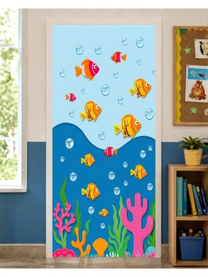 Promisebackdrop2 190X75CM Lastikli Kapı Süsü, Kumaş Kapı Giydirme, Balık Temalı, Sınıf Kapısı, Okul Etkinlik Kapı Süsü
