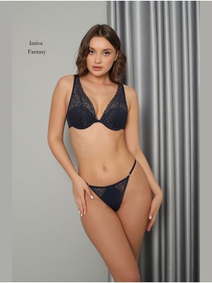Intive Lingerie Nbb Derin V Dekolteli High Apex Balenli Desteksiz Dantelli Tanga Sütyen Takım (Bordo/lacivert)