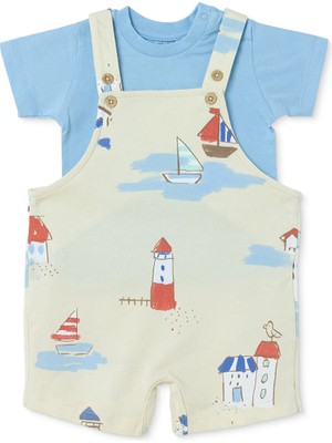 TeknoKapsül Ebebek Hello Baby Hellobaby Erkek Bebek Şort Salopet-Tshirt Marin Baskılı Düğmeli Bisiklet Yaka Kısa Kol Patiksiz