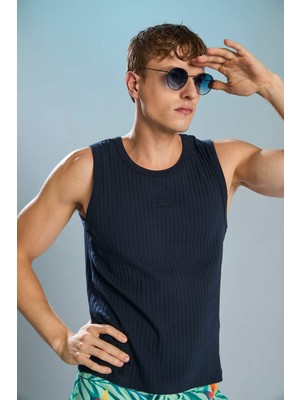 DeFacto Regular Fit Nakışlı Bisiklet Yaka Fitilli Lacivert Atlet I3668AX26SM