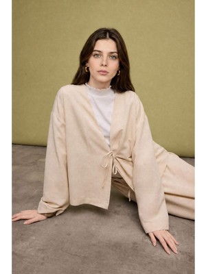 DeFacto Regular Fit Keten Karışımlı Bej Kimono I1780AX26HS