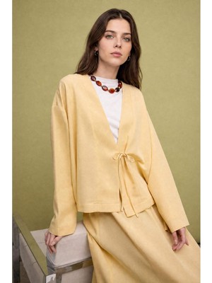 DeFacto Regular Fit Keten Karışımlı Açık Sarı Kimono I1780AX26HS