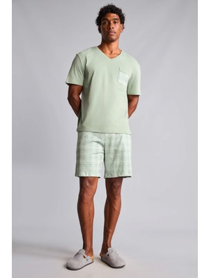 DeFacto %100 Pamuk New Regular Fit Kısa Kollu 2'li Açık Yeşil Şortlu Pijama Takımı I0877AX26HS