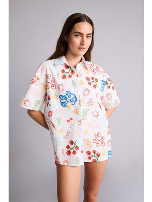 DeFacto %100 Pamuk Regular Fit Tropikal Desenli Poplin Kısa Kollıu Plaj Gömleği F5496AX26SP