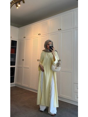 Trendparis Yırtmaç Detaylı Tensel Kumaş Uzun Tunik Siyah Sarı