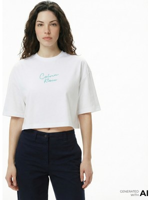 Calvin Klein Cropped Boxy Chain Stitch Logo Kadın Beyaz Crop T-Shirt