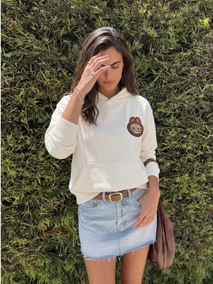 Onloox Ekru Pamuklu Karışım Kapüşonlu Yaka Nakış Işlemeli Kanguru Cepli Sweatshirt