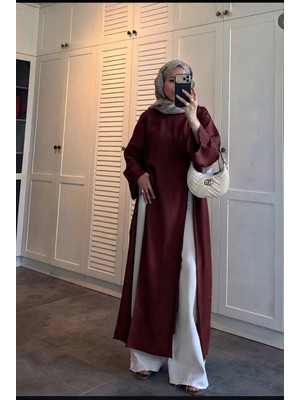 Trendparis Yırtmaç Detaylı Tensel Kumaş Uzun Tunik Siyah Bordo