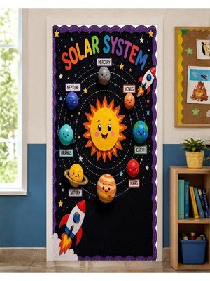 Promisebackdrop2 190X75CM Lastikli Kapı Süsü, Kumaş Kapı Giydirme, Solar System, Sınıf Kapısı, Okul Etkinlik Kapı Süsü