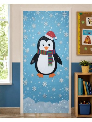 Promisebackdrop2 190X75CM Lastikli Kapı Süsü, Kumaş Kapı Giydirme, Penguen Temalı, Sınıf Kapısı, Okul Etkinlik Kapı Süsü