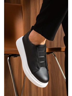 Pabucmarketi Lastikli Erkek Sneaker Siyah (Beyaz Taban)