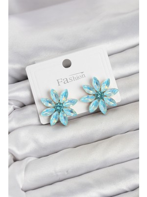 Renklime Buz Mavisi Renk Kristal Taşlı Lotus Çiçek Model Kadın Küpe - Lisinya