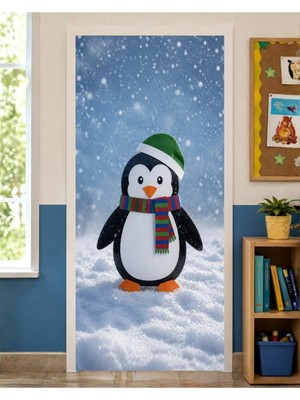Promisebackdrop2 190X75CM Lastikli Kapı Süsü, Kumaş Kapı Giydirme, Penguen Temalı, Sınıf Kapısı, Okul Etkinlik Kapı Süsü