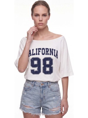 Cemo Kadın Kayık Yaka Baskılı Oversize Crop Tişört
