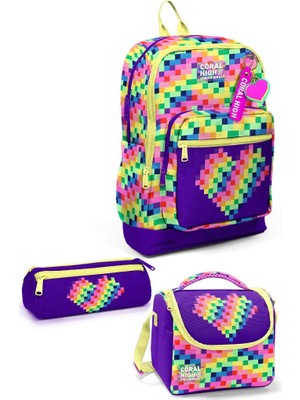 Coral High Kids Çok Renkli Piksel Kalp Desenli 3’lü Okul Çanta Seti SET0133208