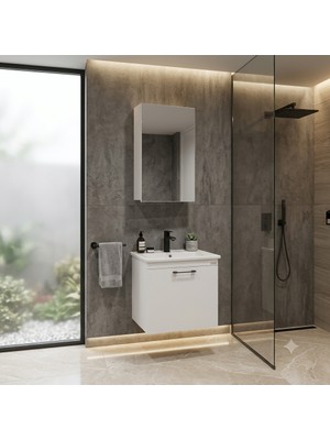 Usart Plus Mini Soft Beyaz 55*36 cm Banyo Dolabı Seti, Seramik Lavabo (Akrilik Plastik Değil) Dahil, Mdf