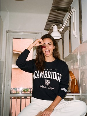 Onloox Siyah Pamuklu Bisiklet Yaka Üç Iplik Şardonlu Basic Baskılı Sweatshirt