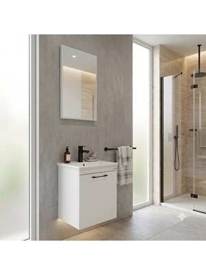Usart Plus Mini Soft Beyaz 45*36 cm Banyo Dolabı Seti, Seramik Lavabo (Akrilik Plastik Değil) Dahil, Mdf
