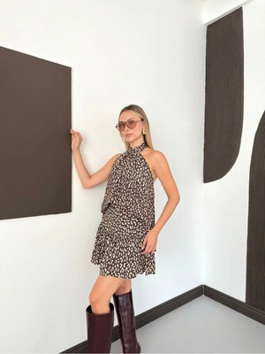 Zf Butik Leopar Desenli Volanlı Mini Elbise