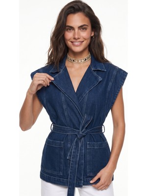 Onloox Lacivert Denim Kumaş Kruvaze Yaka Rahat Kalıp Kuşak Bağlamalı Ön Cepli Kolsuz Yelek