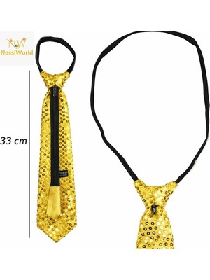 Belle Fusion Mey Ithalat® Altın Renk Pul Payetli Işıltılı Parti Kravatı 33 cm