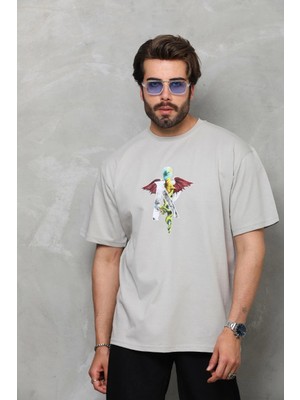 3 Bisiklet Yaka Baskılı Oversize T-Shirt - Gri -