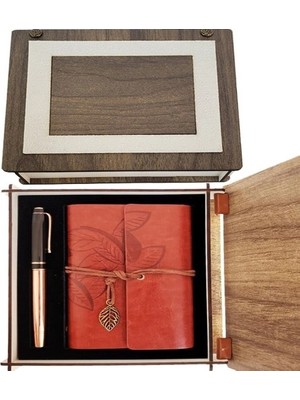 Belle Fusion Mey Ithalat® Özel Ahşap Kutulu Kahve Deri Defter ve Bakır Roller Kalem Set
