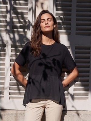 Onloox Siyah Viskon Karışımlı Bisiklet Yaka Kısa Kollu Oversize Asimetrik Kesim Garnili T-Shirt