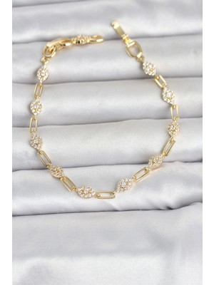 Uzman Toptan Mey Ithalat® Gold Renk Zirkon Taşlı Ataç Zincir Model Kadın Bileklik